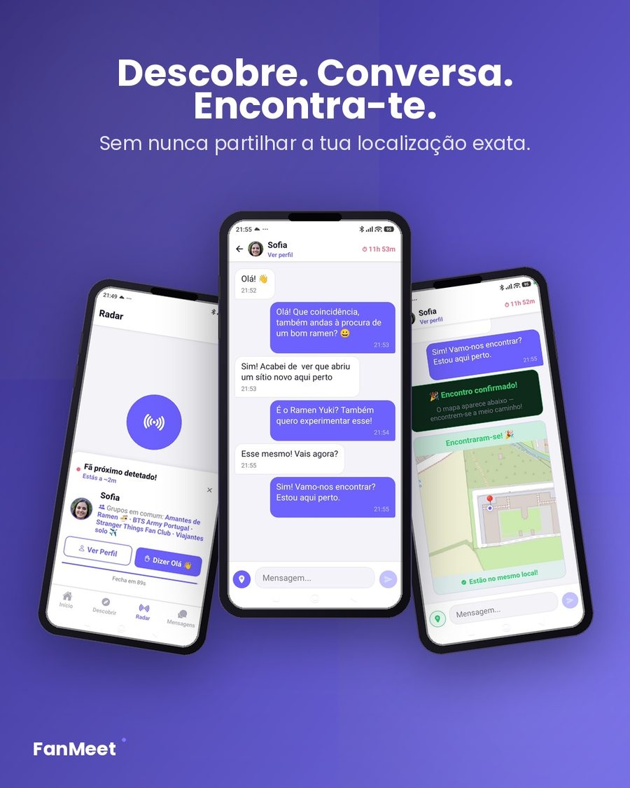 Três ecrãs da app FanMeet: radar, conversa e mapa de encontro